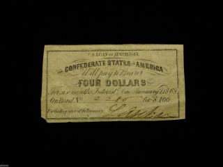 Authentic 1861 $4 Csa Loan Bond Certificate W/ L.  Archer Signature - photo