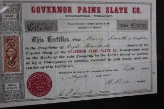 Antique Northfield Vermont Governor Paine Slate Company Stock Certificate 1865 photo