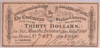 Civil War Confederate $1000 Bond C.  S.  Loan 1864 $30 Coupon Richmond Va 7487 photo