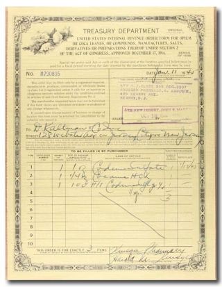 S336 Treasury Department Irs Opium & Coca Leaves Order Form 1940s photo