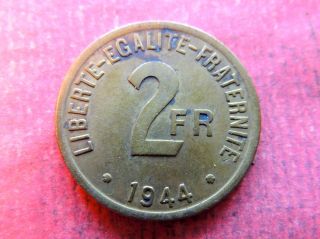 France 2 Francs,  1944,  Large Denomination Above Date photo