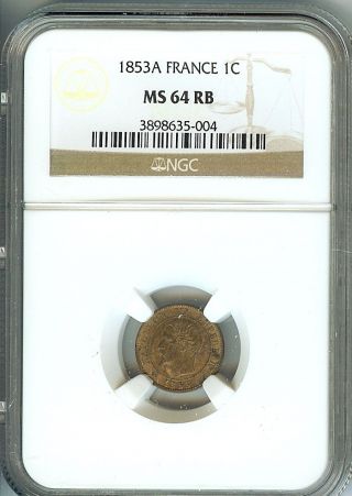 France 1853 - A Centime Ngc Ms64 Rb photo