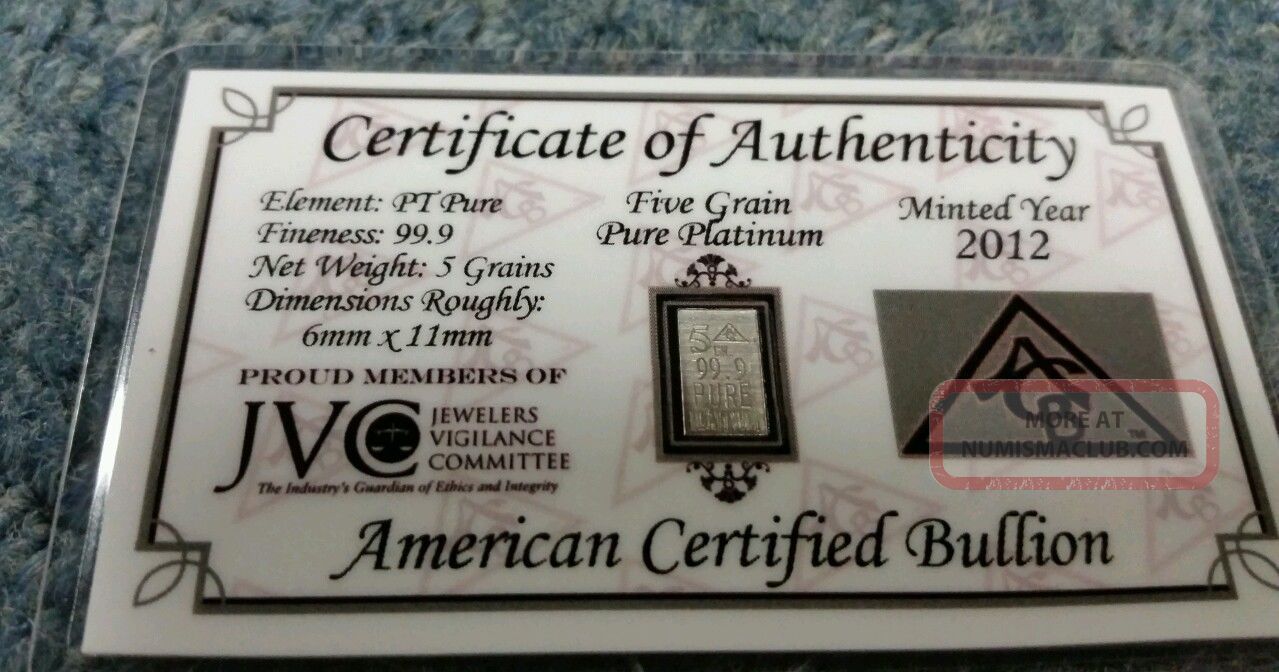 Acb Platinum Bullion Acb Minted 5grain Bar 99. 9 Pure Pt Assay