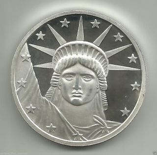 Statue Of Liberty Stars America 1 Troy Oz.  999 Fine Silver Proof Art Round photo