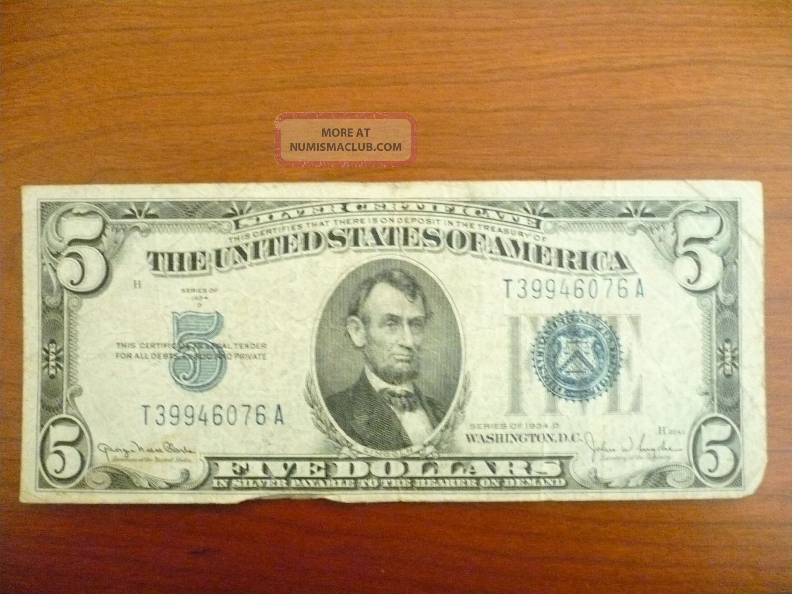 Silver Certificate Five Dollar $5 Bill Blue Seal 1934 D Circulated