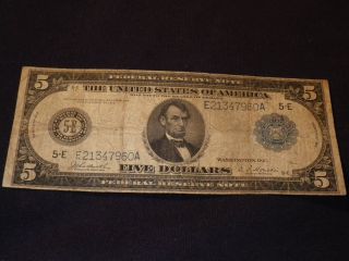 1914 Five Dollar Federal Reserve Note $5 Blue Seal Large Currency Richmond photo