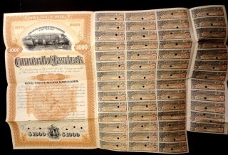 1896 Massachusetts 1,  000.  00 Gold Bond For Abolition Of Rr Grade Crossings photo