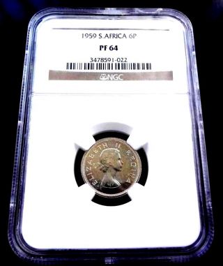 1959 South Africa Silver 6 Pence 6p Ngc Pf64 Extremely Rare 950 Minted Bargain photo