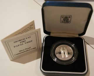1986 Morocco 100 Dirham 0.  925 Silver Proof Coin - Papal Visit - & Case - 15g photo