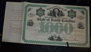 South Carolina $1000 Stock Certificate 1869.  Reconstruction Era Bond. photo