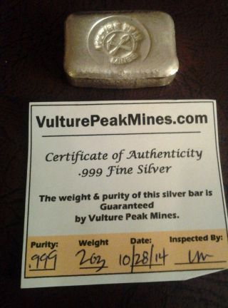 2 - Ounce.  999 Pure Vulture Peak Mine Silver Bar And Certificate Of Authenticity photo