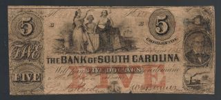 $5 Bank Of South Carolina Charleston Old Paper Money Obsolete Sc Calhoun Note photo