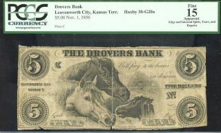 $5 1856 Drovers Bank Leavenworth Kansas Territory Ormsby Pcgs Fine 15 photo