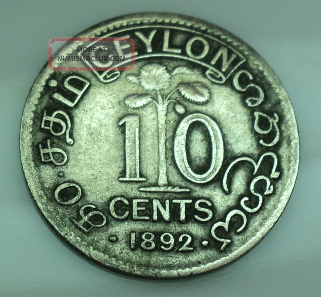 1892 Victoria Queen 10 Cents Sri Lanka (ceylon) Silver Coin