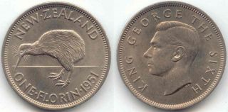 Zealand 1951 1 Florin Coin Km - 18 