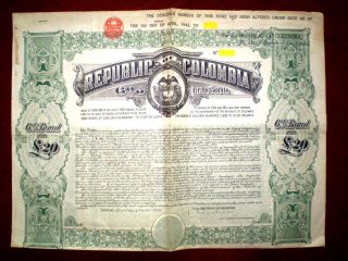 Republic Of Colombia 20 Pounds 6 1920 Bond photo