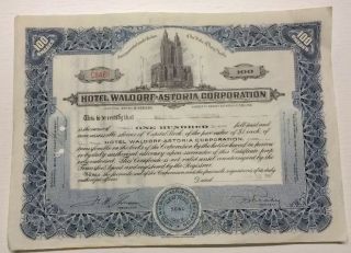 Hotel Waldorf Astoria Corpoation Stock Certificate 100 Shares 1951 No.  C8486 photo