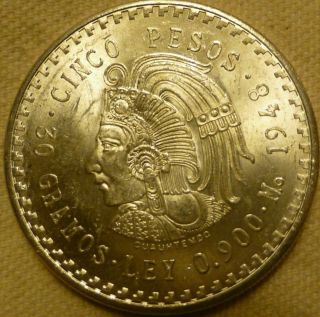 1948 Mexican Silver 5 Pesos Cuauhtemocs Asw.  8681 photo