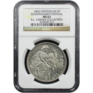 Switzerland,  1865,  Shooting Thaler Of 5 Francs,  Km - S8,  Ngc Ms63 Silver photo