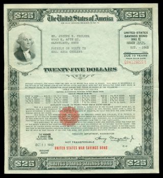 1942 Us 25 Dollars $25 E Series Wwii War Savings Bond Washington Cleveland Ohio photo