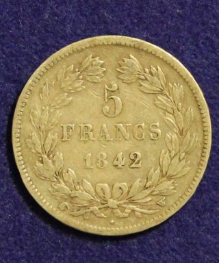1842 - W French 5 Franc Silver Coin Bullion Circulated Francs Very Fine Vf Details photo
