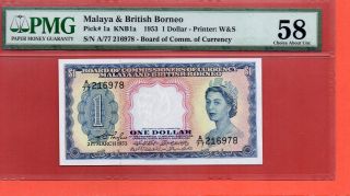 1953 British Broneo Qeii $1 Note.  Pmg 58 photo
