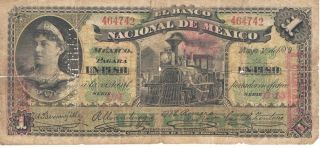 1889 El Banco Nacional De Mexico Un 1 Peso - O/p Chihuahua Mayo 1o.  De 1889 photo