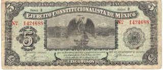 1914 Mexico Chihuahua Ejercito Constitucionalista 5 Pesos - Primer Jefe photo
