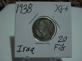 Iraq 20 Fils,  1938 King Ghazi Silver Coin,  Circulated photo