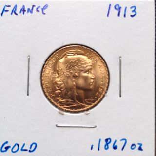 1913 French Rooster Gold Coin 20 Francs Brilliant Uncirculated photo