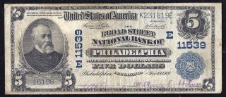 1902 Plain Back $5 Broad Street Nb Philadelphia National Currency Note 11539 photo