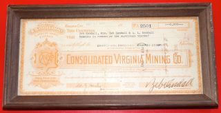 Rare Framed Vintage ' Consolidated Virginia Mining Company ' Old Stock Certificate photo