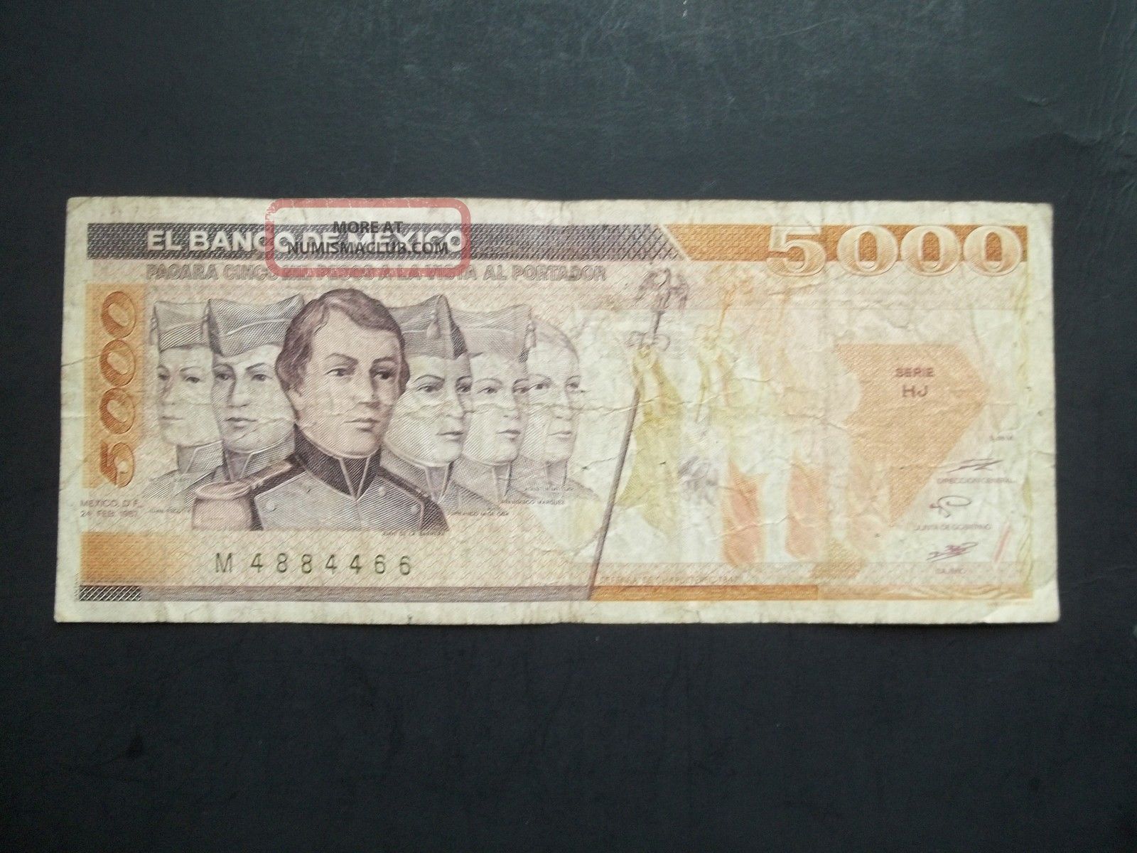 Mexico 5000 Peso Note, 1987 Circulated, Paper Money,