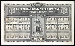 1928 Columbia Bank Note Company Advertising Calender Steel Engraving W Liberty photo