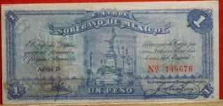 Circulated 1915 Mexico Soberano 1 Peso Note S/h photo