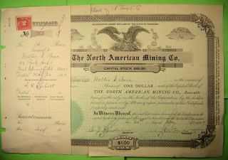 The North American Mining Co.  Stock Certificate And Report Of Properties 1927 photo