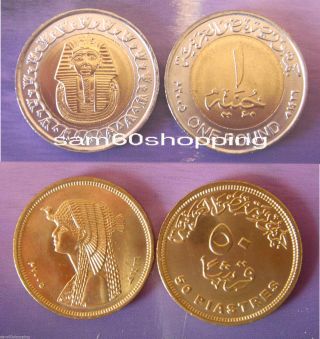 1 X One Pound Coin King Tut Unc,  1 X 50 Piastres Cleo Unc photo
