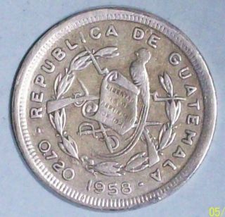 Guatemala 10 Centavos 1958 Large Monolito Fine/very Fine 0.  7200 Silver Coin photo