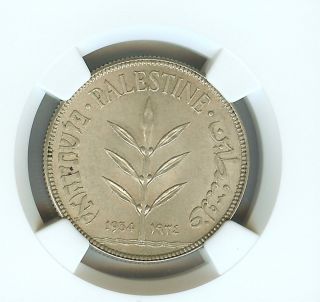 Palestine 1934 100 Mils Ngc Ms62 Rare In Bu Looks 64, photo