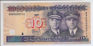 1997 Lithuania 10 Litai Note P.  59 Unc Prefix Aaa And Low Serial Scarce photo