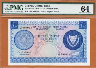 Cyprus 5 Pounds 1972 Pick - 44b Ch Unc Pmg 64 photo