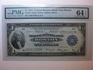 Fr 710 $1 1918 Federal Reserve Bank Note Boston - Pmg 64epq - Uncirculated photo