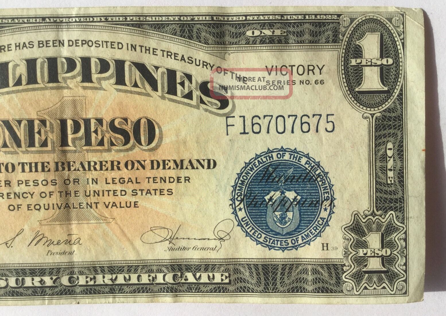 United States Philippines One Peso Treasury Victory Series No 66 Dollar