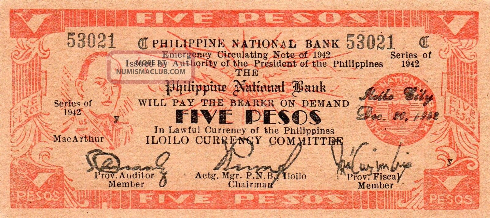Philippines Iloilo 1942 Emergency Guerilla 5p S316 Salmon Red Currency 53,  021 Asia photo
