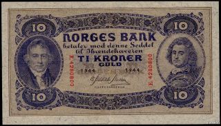 Norway 10 Kroner 1944 Almost Au Luxus,  Only A Vertical Fold Wonderful See Photo photo