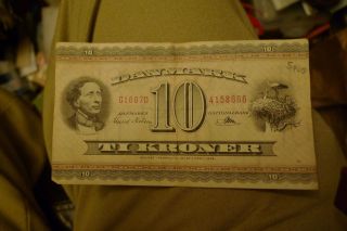 Old Danish Denmark Ti Ten 10 Kroner Currency Bill photo