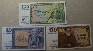 Iceland,  10,  50,  100 Kr 1961 Uncirculated Banknote.  Sieg 54,  55,  56pick 48,  49,  50. photo