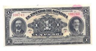 1915 Mexican Revolution Estado De Sonora 1 Peso Banknote Pesos Mexico Currency photo