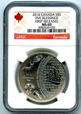 2014 $5 Canada 1 Oz Silver Five Blessings Ngc Ms69 First Releases Top Population photo