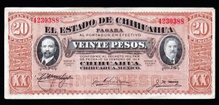 Feb 1914 ● 20 Pesos Estado De Chihuahua Mexico Banknote Ship 50Ȼ Per Item Added photo